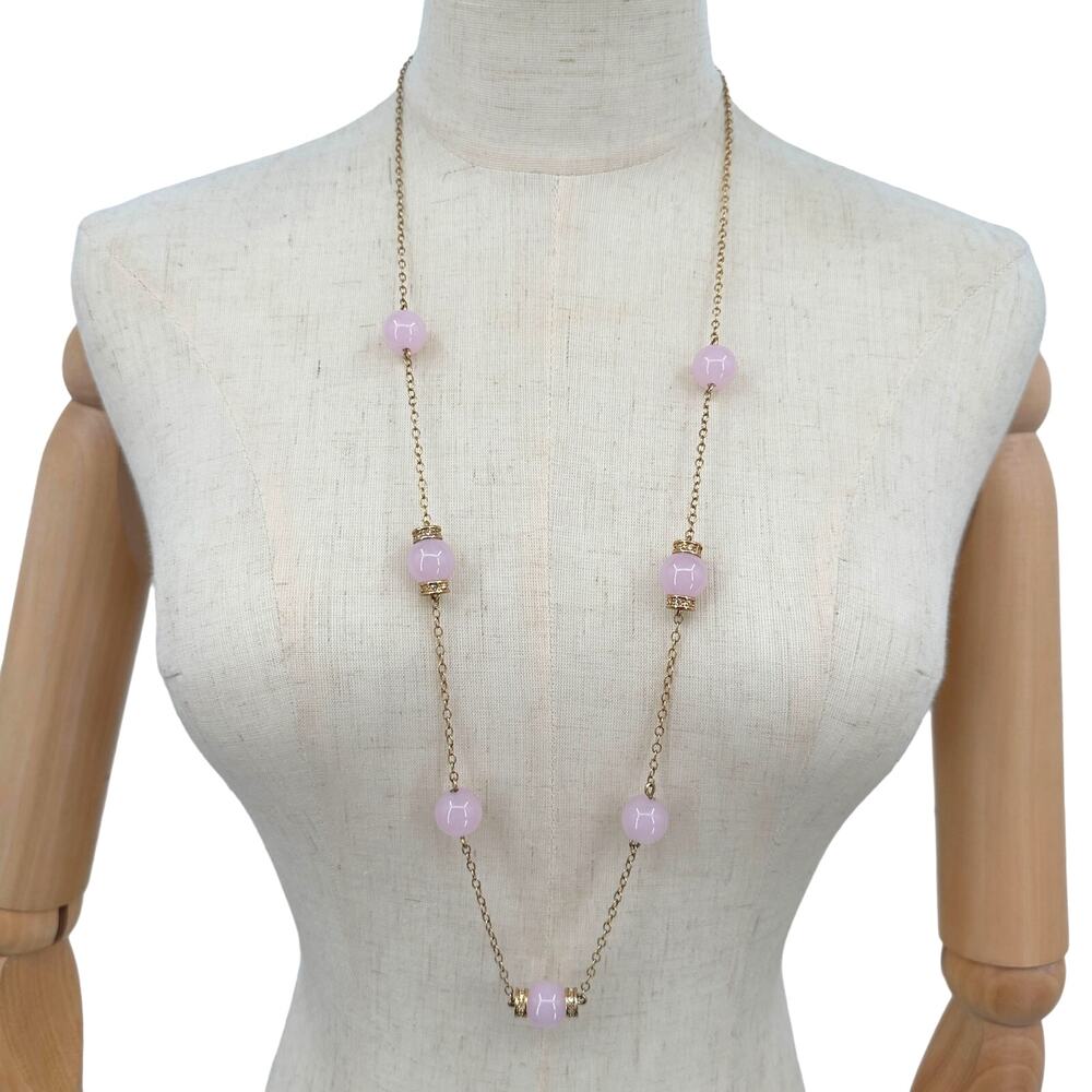 J Crew Statement Necklace Long Layering Goldtone Pale Pink Stone Stations